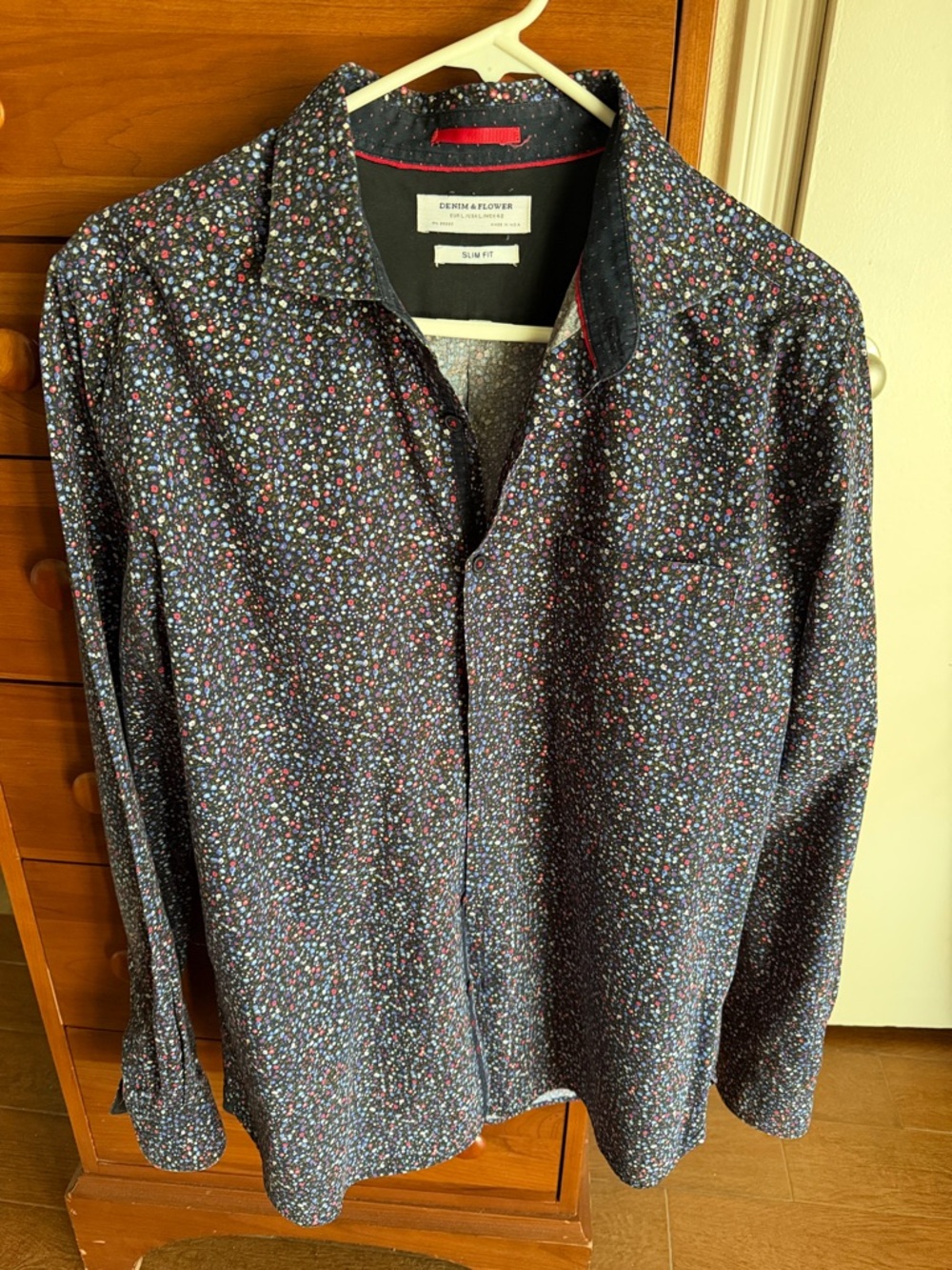 Denim & Flower Navy Button-Down Shirt with Multicolor Micro Dots